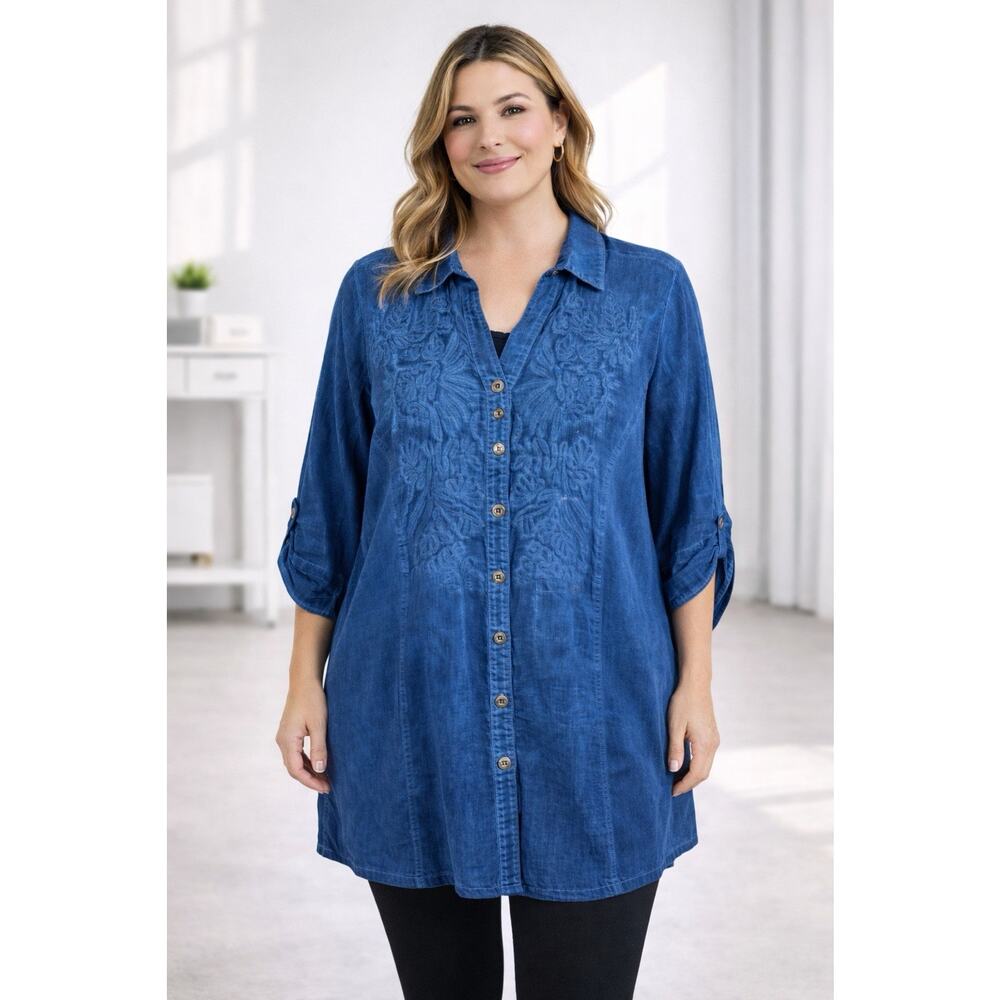 Parsley & Sage Blue Embroidered Button Up Tunic Boho Artsy Western Womens Large